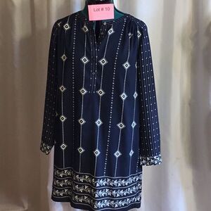 Lightweight poly blend long sleeved dress in navy & white in size medium